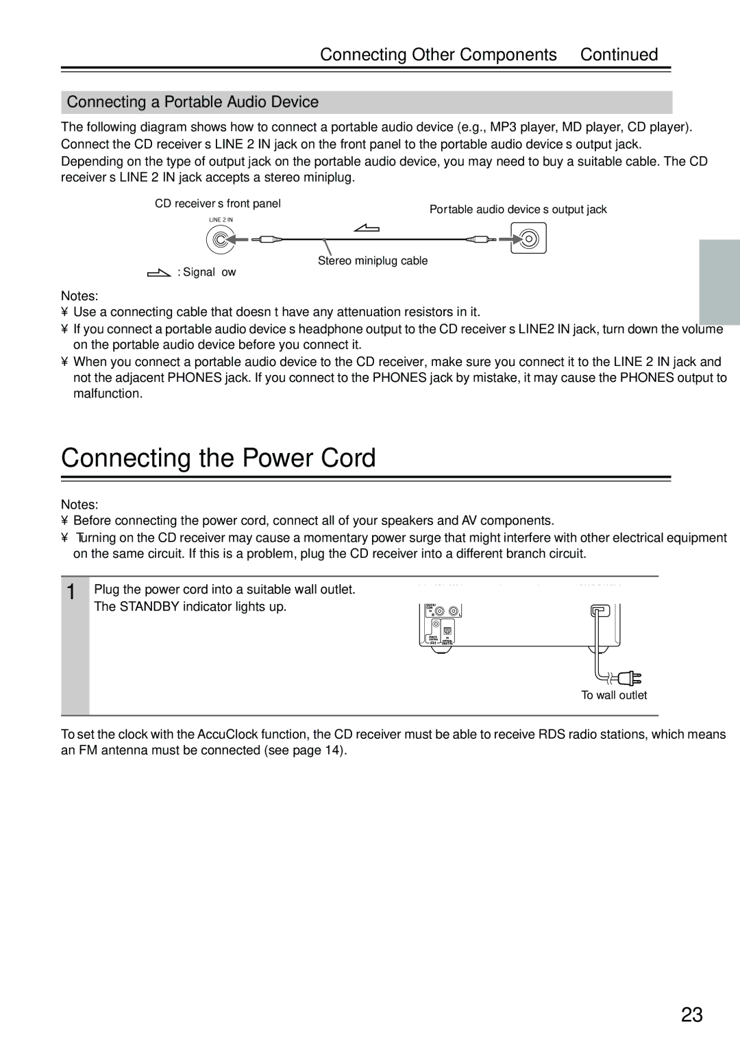 Onkyo CR-715DAB instruction manual Connecting the Power Cord, Connecting a Portable Audio Device 