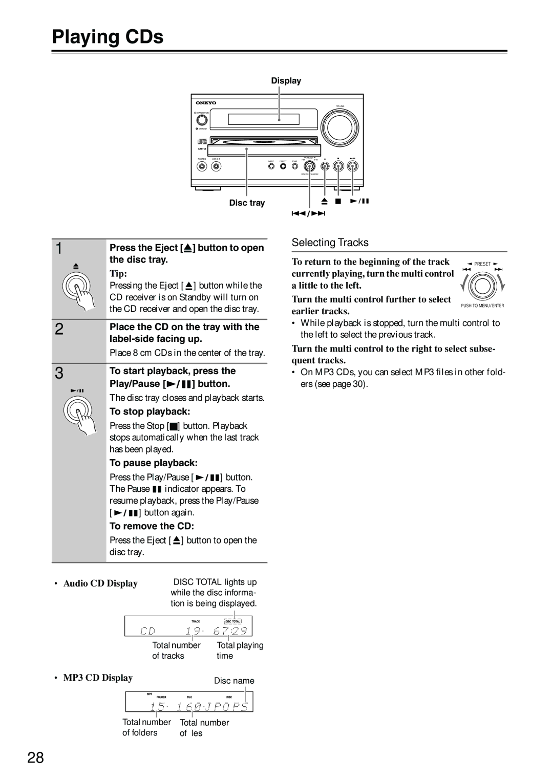 Onkyo CR-715DAB instruction manual Playing CDs, Selecting Tracks 