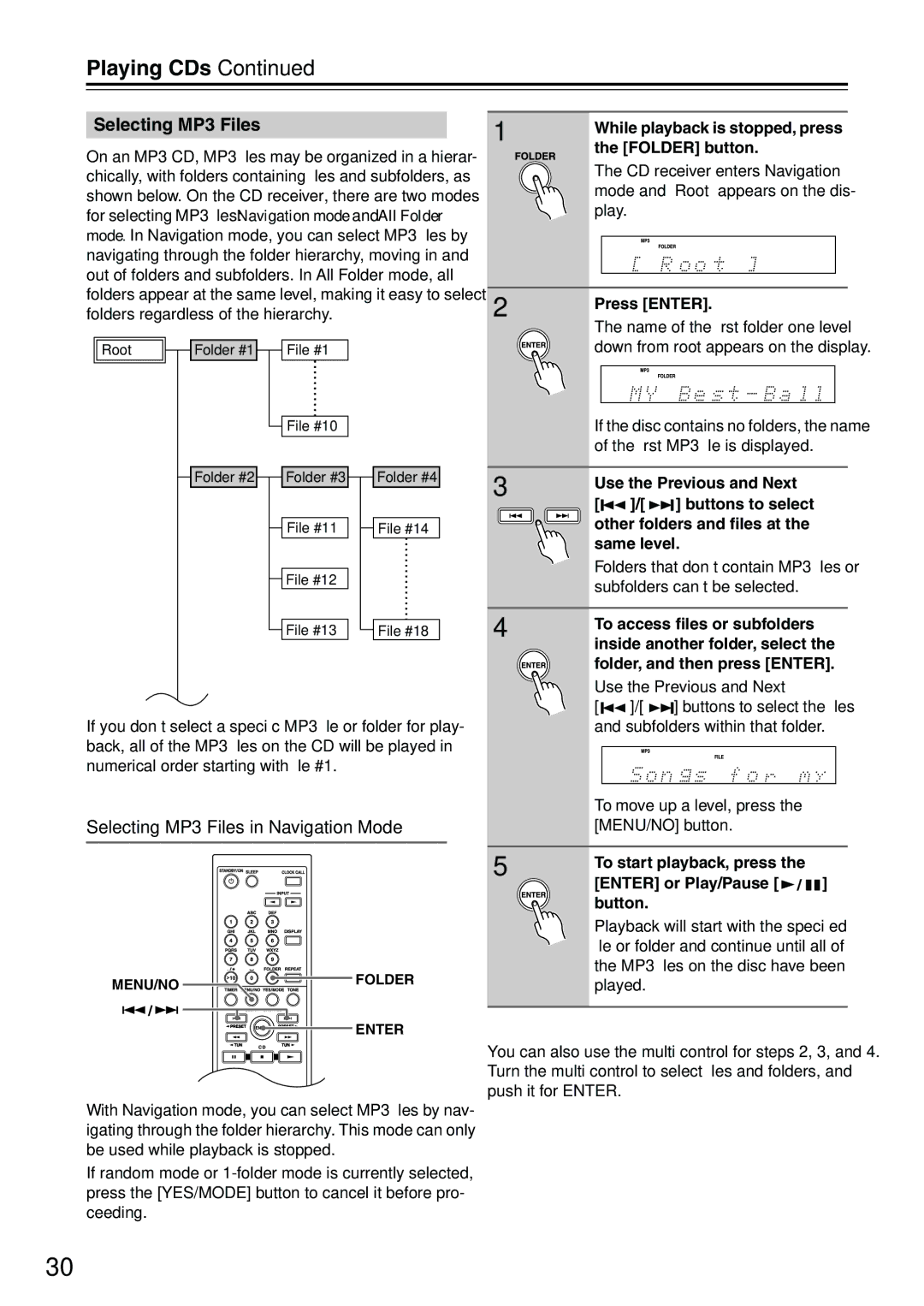 Onkyo CR-715DAB instruction manual Selecting MP3 Files in Navigation Mode 