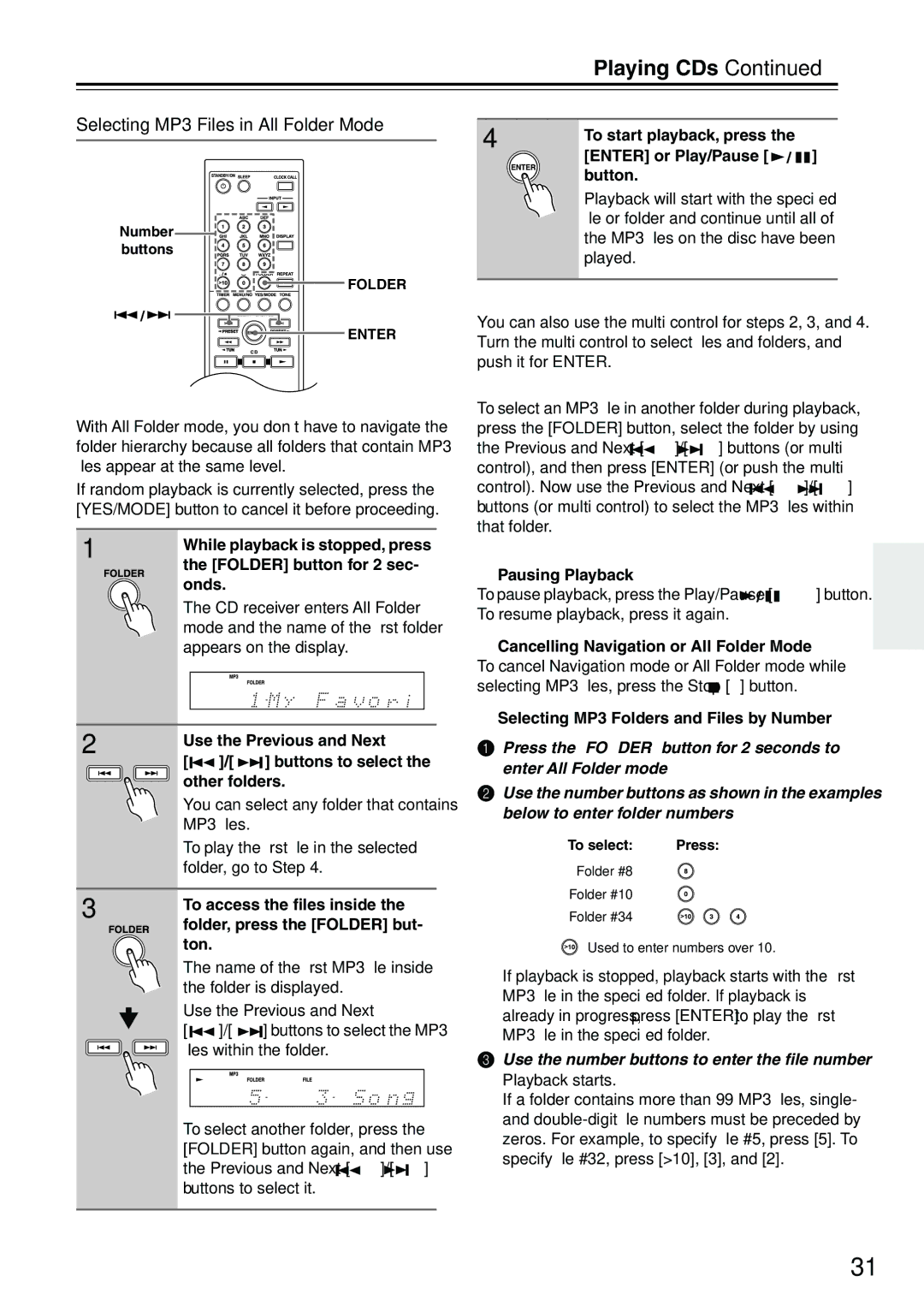 Onkyo CR-715DAB instruction manual Selecting MP3 Files in All Folder Mode 