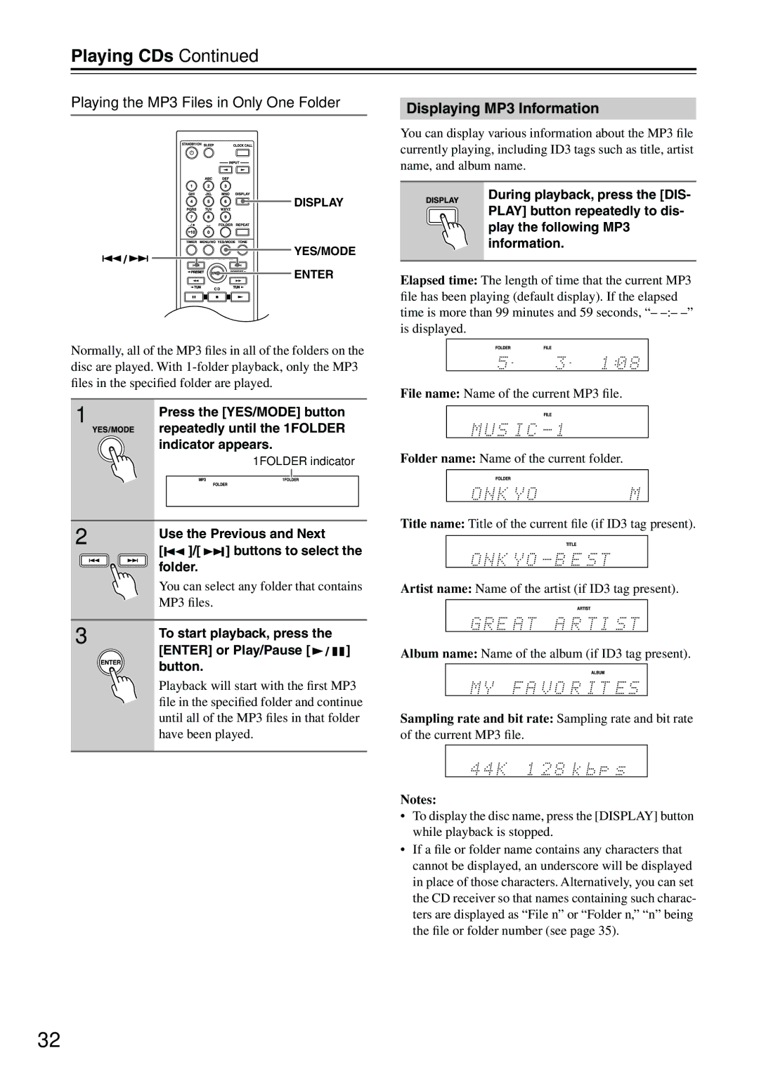 Onkyo CR-715DAB instruction manual Playing the MP3 Files in Only One Folder 