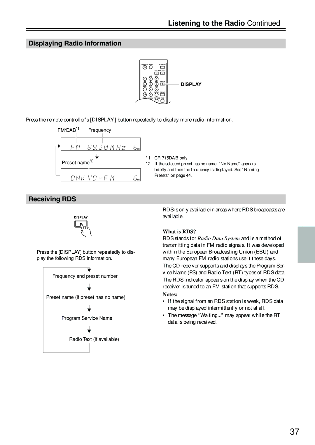 Onkyo CR-715DAB instruction manual Listening to the Radio, Displaying Radio Information, Receiving RDS, What is RDS? 