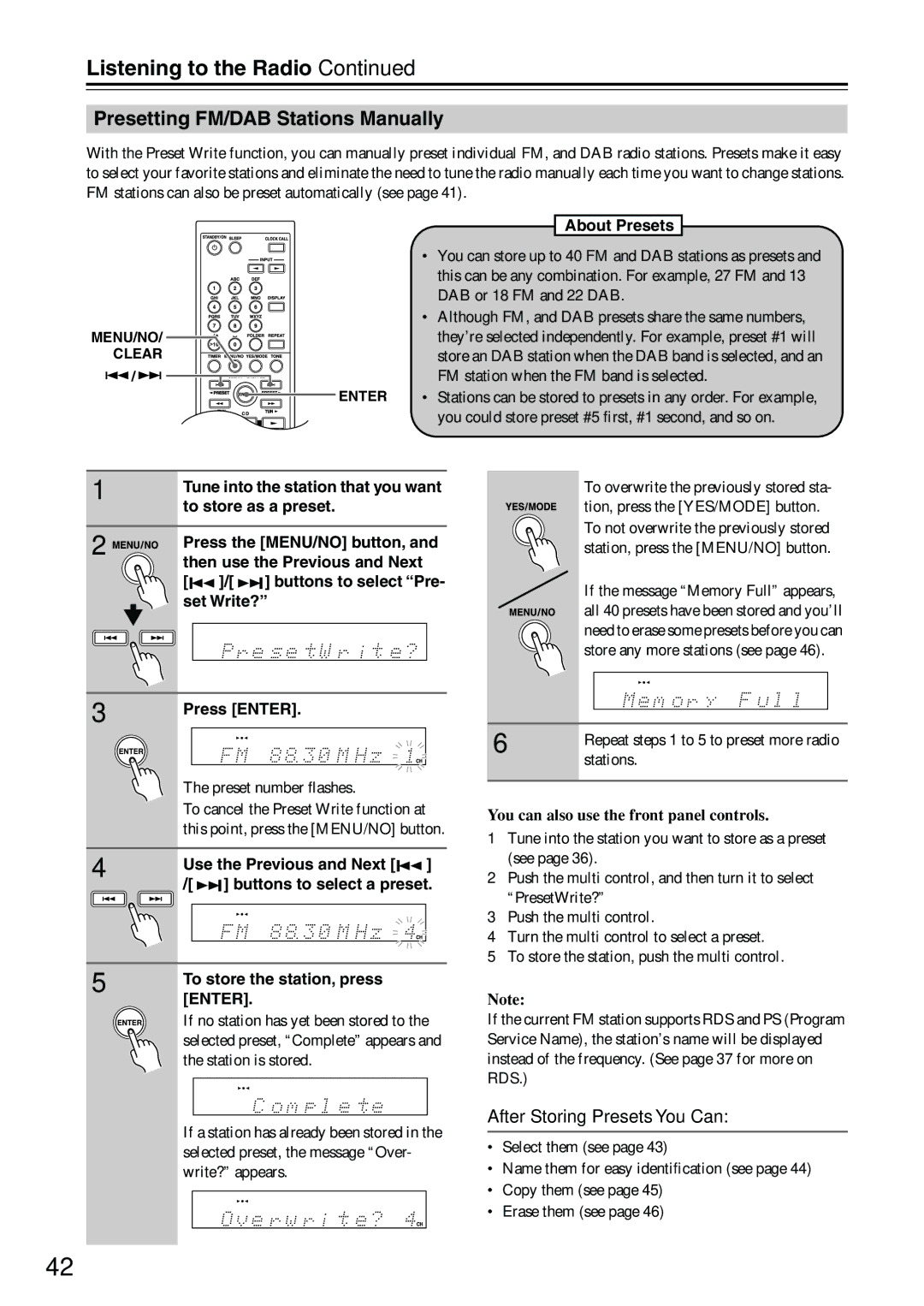 Onkyo CR-715 Presetting FM/DAB Stations Manually, About Presets, Tune into the station that you want, To store as a preset 