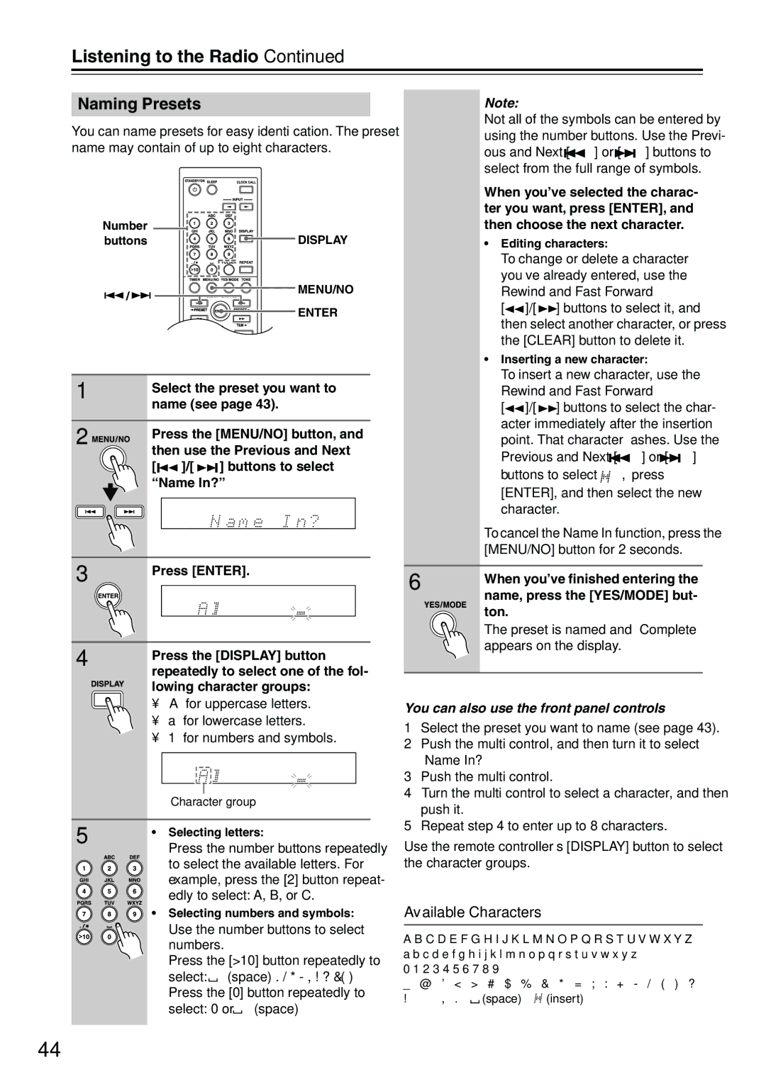 Onkyo CR-715DAB instruction manual Naming Presets, Available Characters 