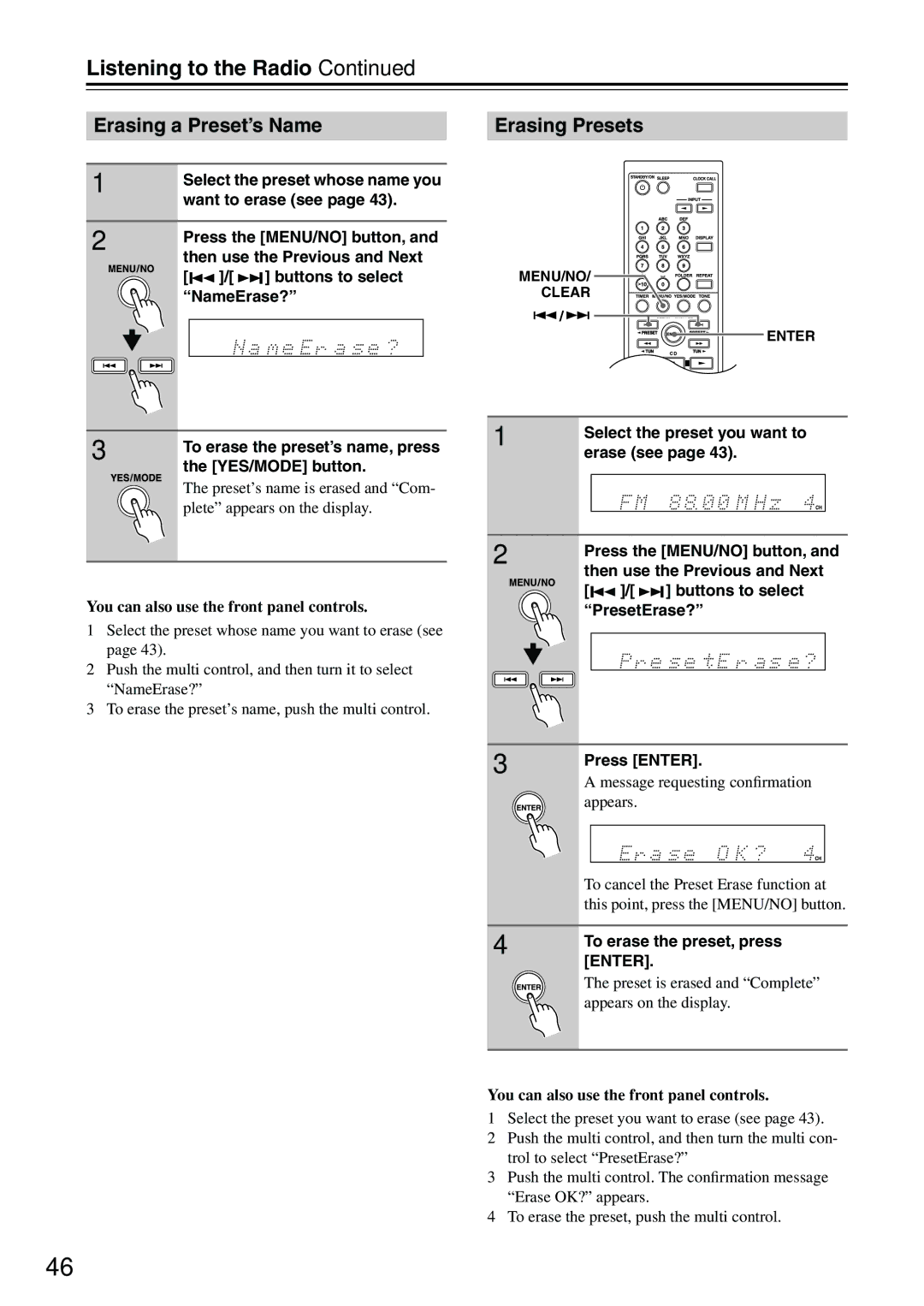 Onkyo CR-715DAB instruction manual Erasing a Preset’s Name, Erasing Presets 
