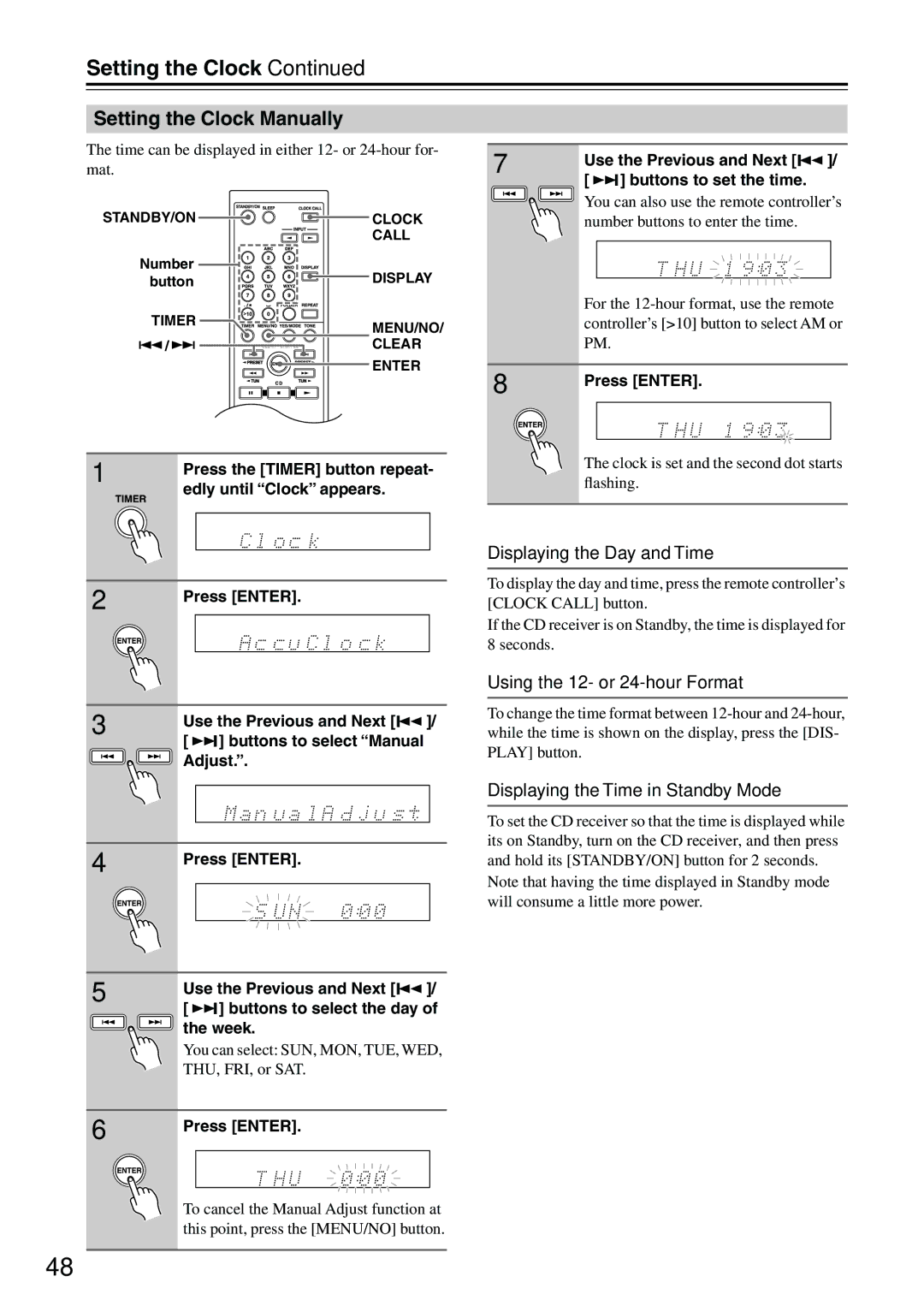 Onkyo CR-715DAB Setting the Clock Manually, Displaying the Day and Time, Using the 12- or 24-hour Format 