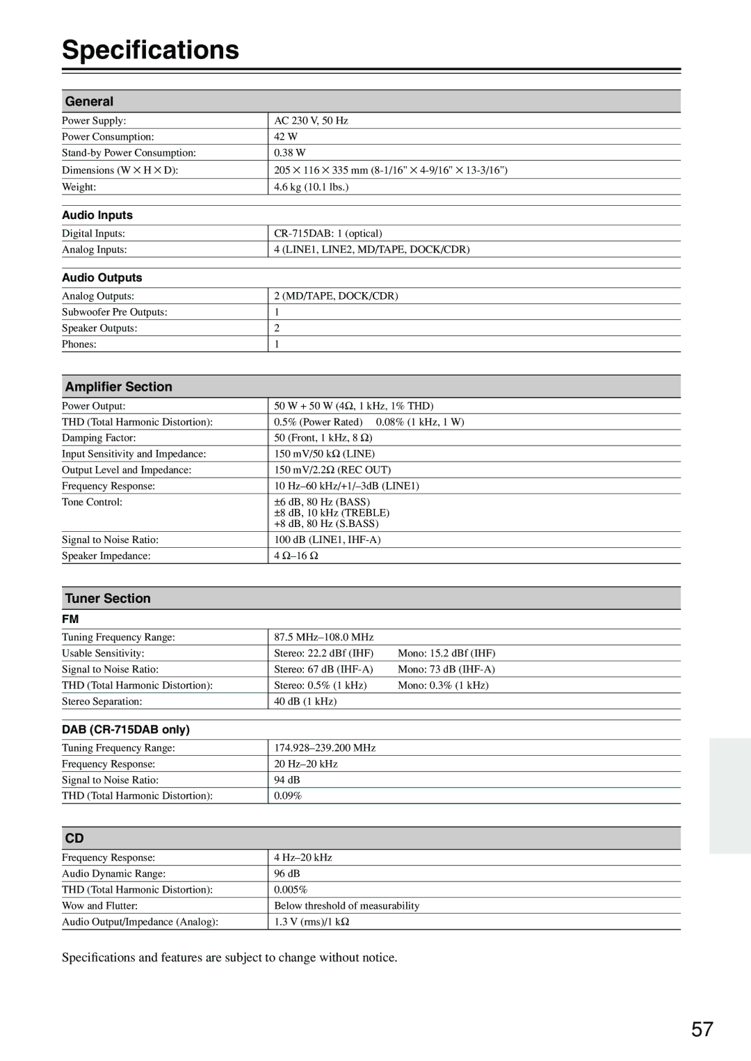 Onkyo CR-715DAB instruction manual Speciﬁcations, General, Ampliﬁer Section, Tuner Section 