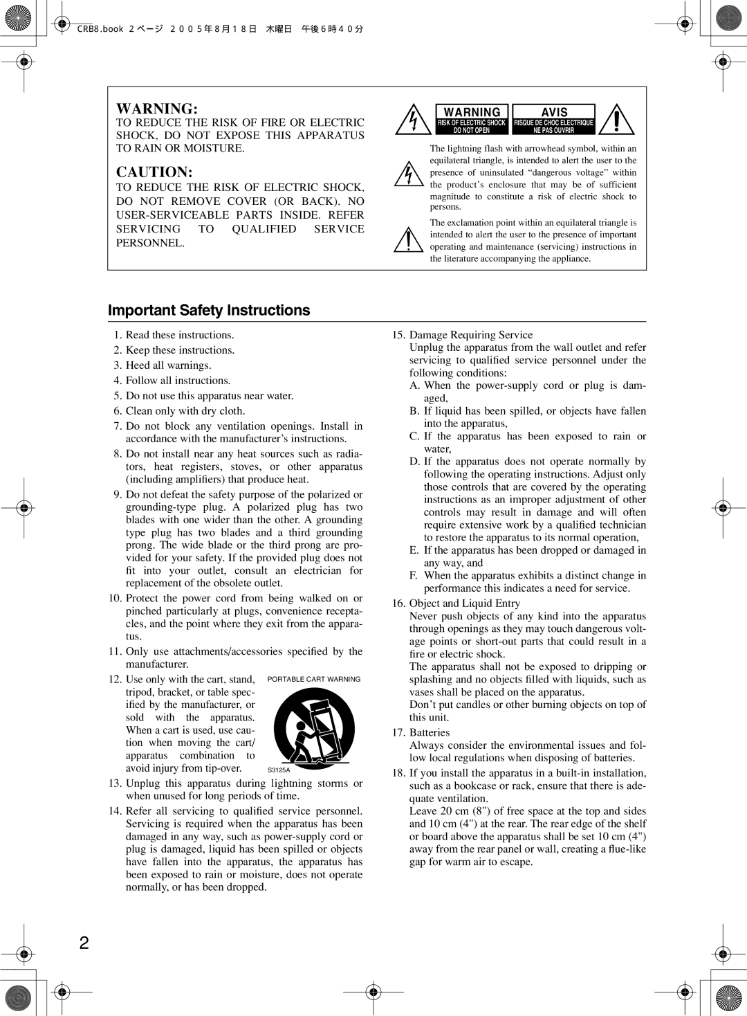 Onkyo CR-B8 instruction manual Important Safety Instructions, Avis 