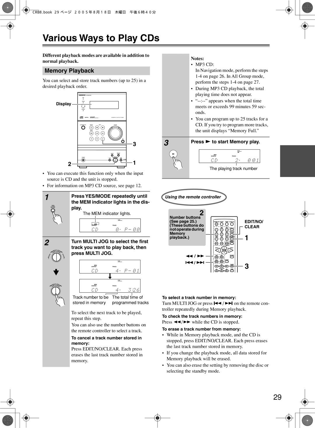 Onkyo CR-B8 Various Ways to Play CDs, Memory Playback, Turn Multi JOG to select the ﬁrst, Press to start Memory play 