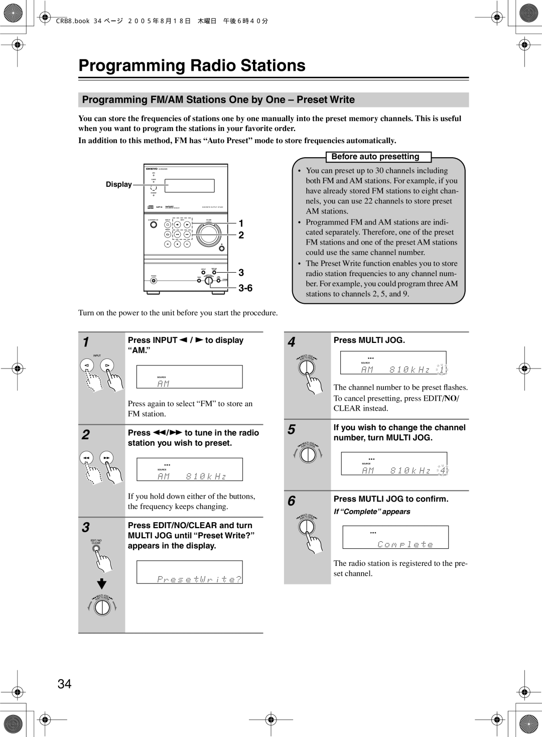 Onkyo CR-B8 instruction manual Programming Radio Stations, Programming FM/AM Stations One by One Preset Write 