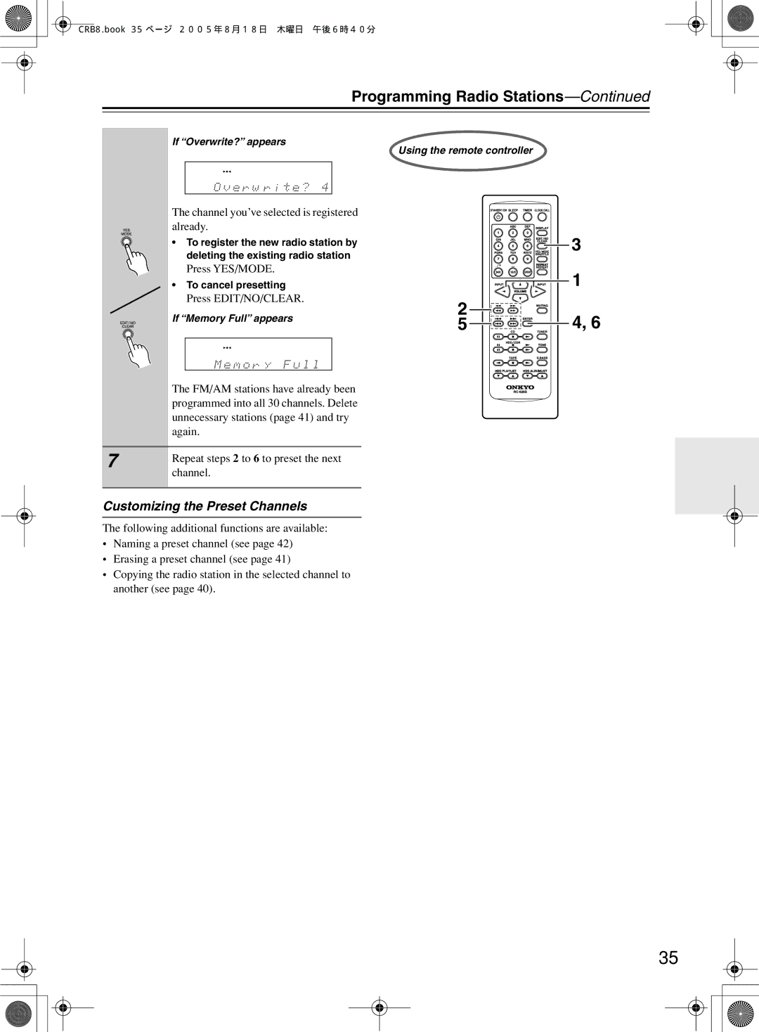 Onkyo CR-B8 instruction manual Programming Radio Stations, Customizing the Preset Channels 