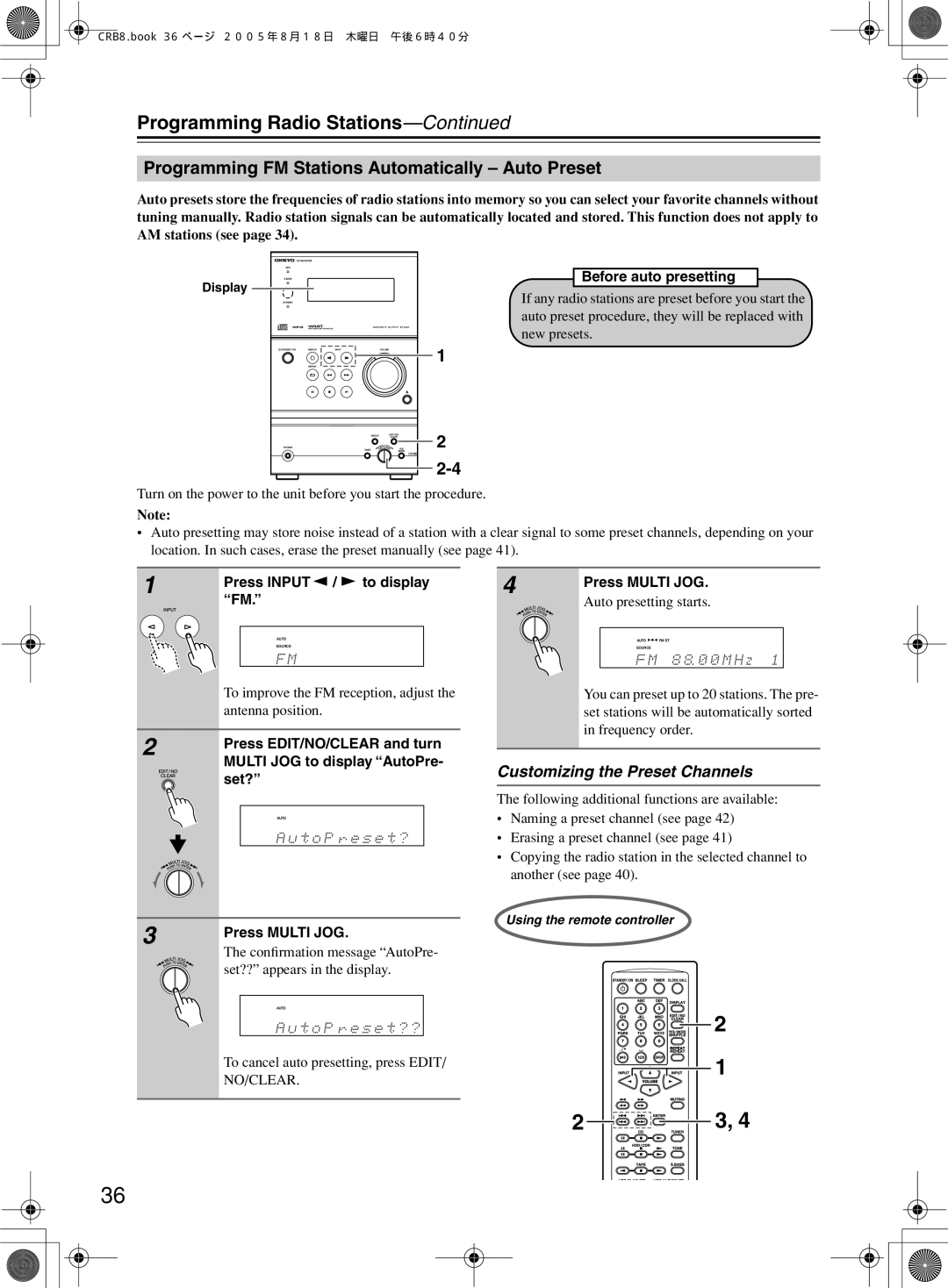 Onkyo CR-B8 instruction manual Programming FM Stations Automatically Auto Preset, Press Input / to display FM 