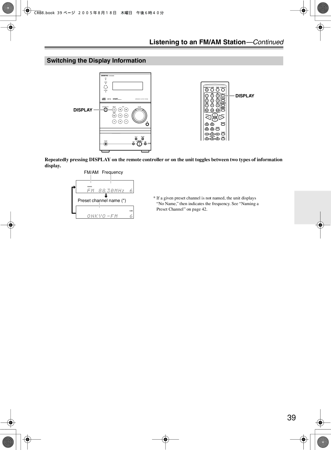 Onkyo CR-B8 instruction manual Switching the Display Information, Preset channel name 