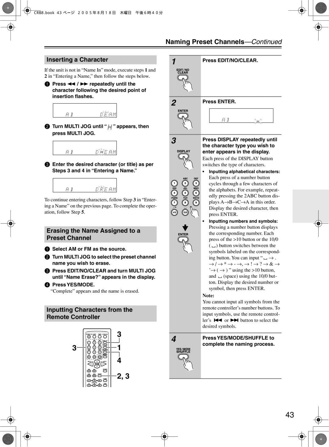 Onkyo CR-B8 instruction manual Naming Preset Channels, Inserting a Character, Erasing the Name Assigned to a Preset Channel 