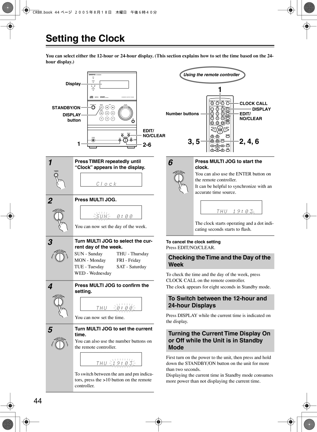 Onkyo CR-B8 instruction manual Setting the Clock, Checking the Time and the Day of the Week 