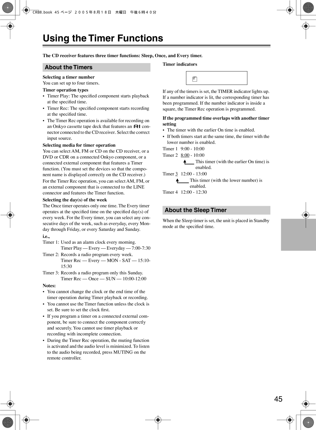 Onkyo CR-B8 instruction manual Using the Timer Functions, About the Timers, About the Sleep Timer 