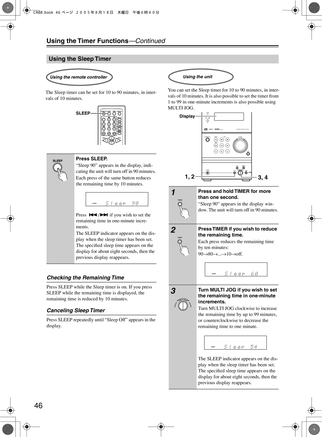 Onkyo CR-B8 Using the Timer Functions, Using the Sleep Timer, Checking the Remaining Time, Canceling Sleep Timer 