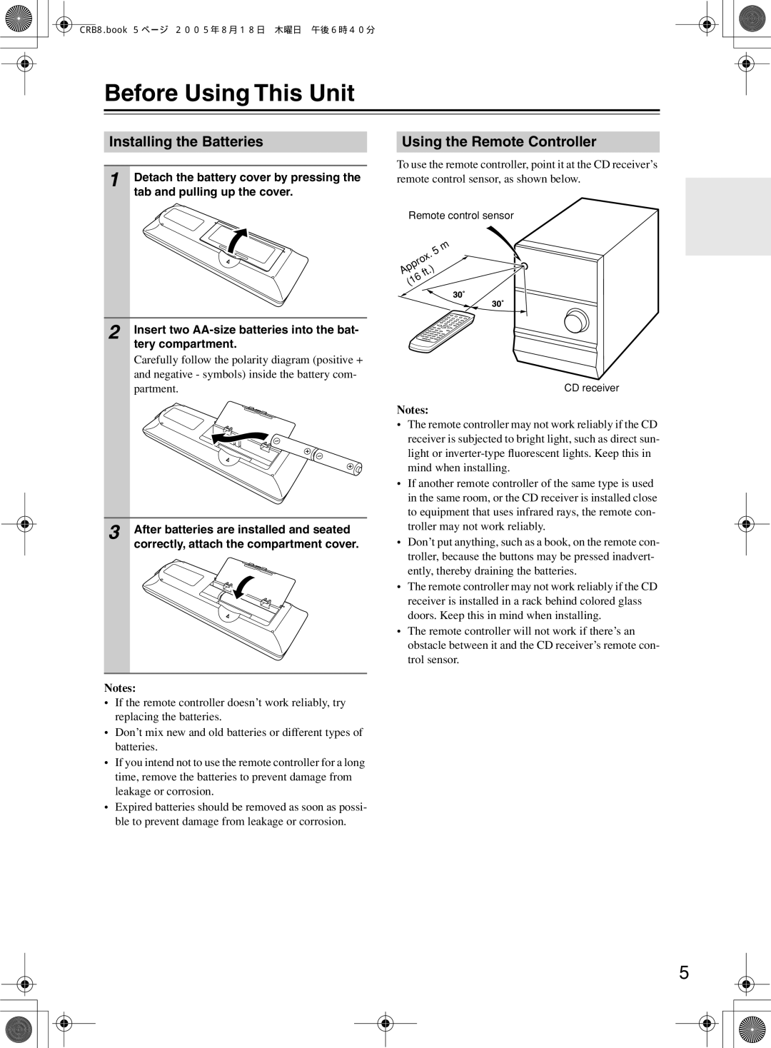 Onkyo CR-B8 instruction manual Before Using This Unit, Installing the Batteries, Using the Remote Controller 