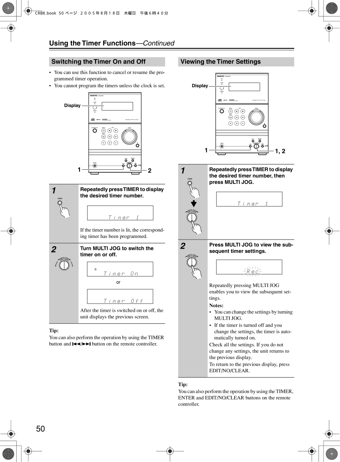 Onkyo CR-B8 instruction manual Switching the Timer On and Off, Viewing the Timer Settings 