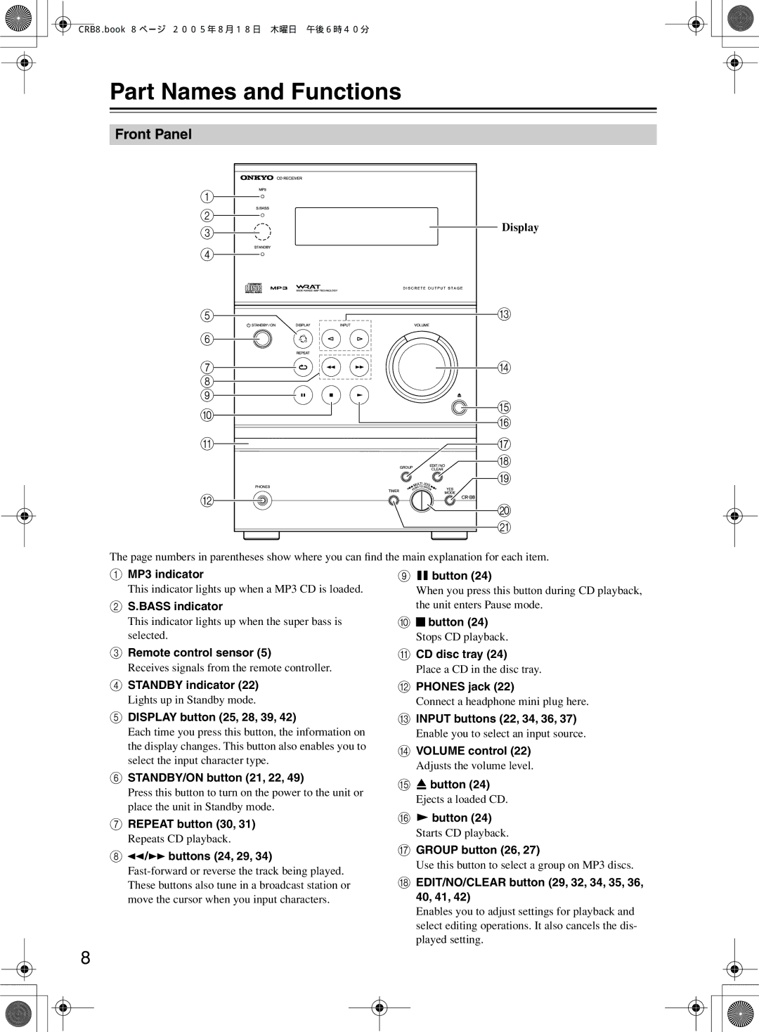 Onkyo CR-B8 instruction manual Part Names and Functions, Front Panel 