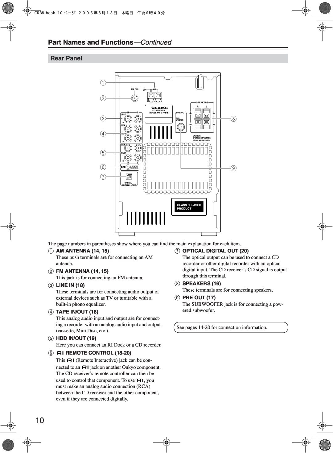 Onkyo CR-B8 Rear Panel, Part Names and Functions-Continued, 1 2, Aam Antenna, Bfm Antenna, Cline In, Dtape In/Out 