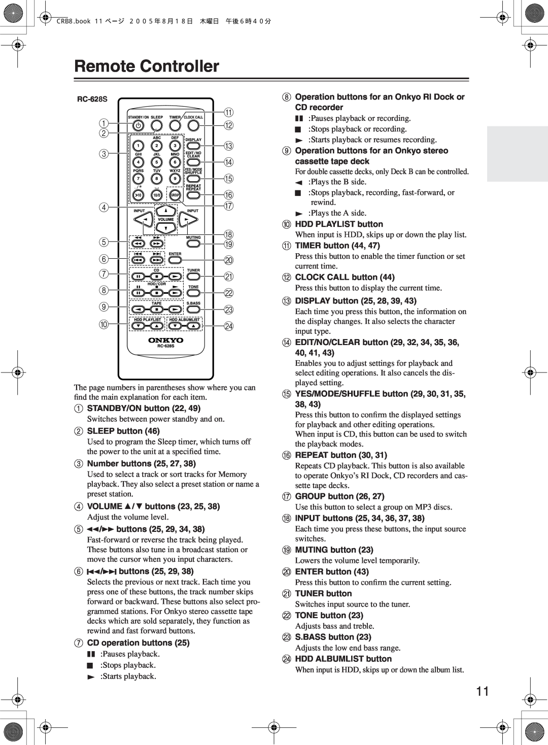 Onkyo CR-B8 instruction manual Remote Controller 