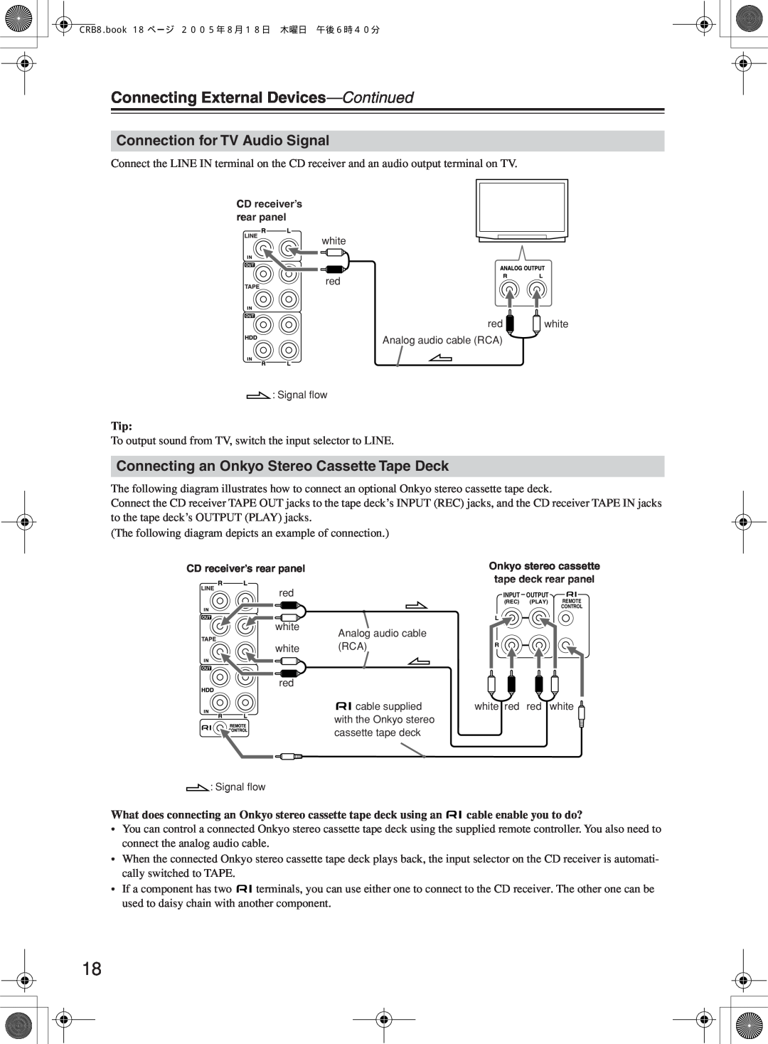 Onkyo CR-B8 instruction manual Connecting External Devices-Continued, Connection for TV Audio Signal 
