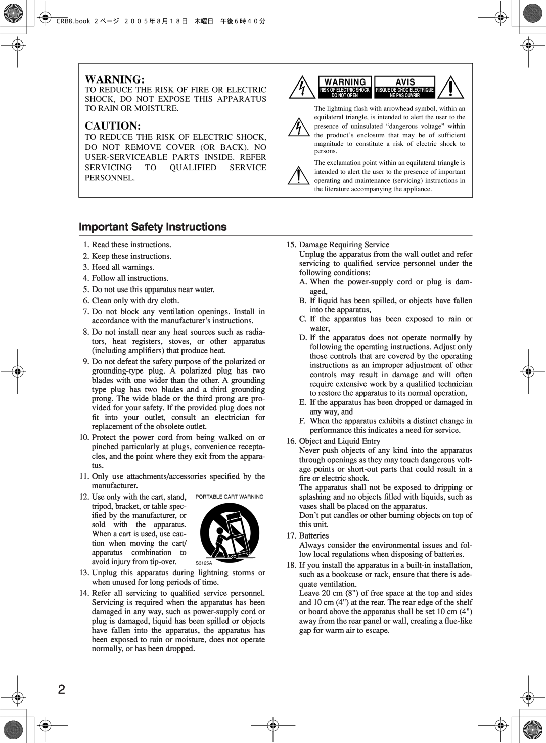 Onkyo CR-B8 instruction manual Important Safety Instructions, Avis 