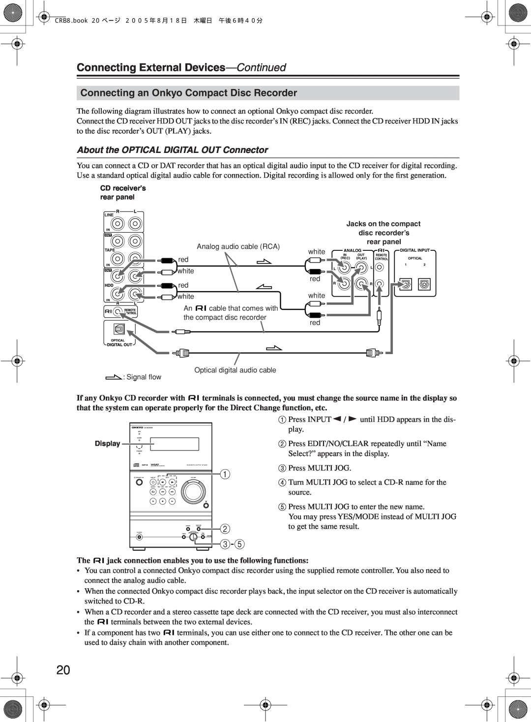 Onkyo CR-B8 instruction manual Connecting an Onkyo Compact Disc Recorder, About the OPTICAL DIGITAL OUT Connector 