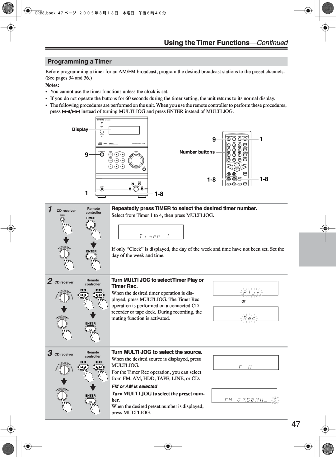 Onkyo CR-B8 Programming a Timer, Using the Timer Functions-Continued, Turn MULTI JOG to selectTimer Play or Timer Rec 