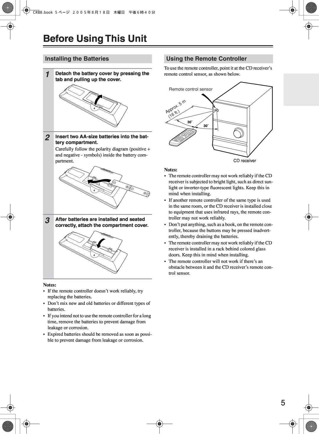 Onkyo CR-B8 instruction manual Before Using This Unit, Installing the Batteries, Using the Remote Controller 