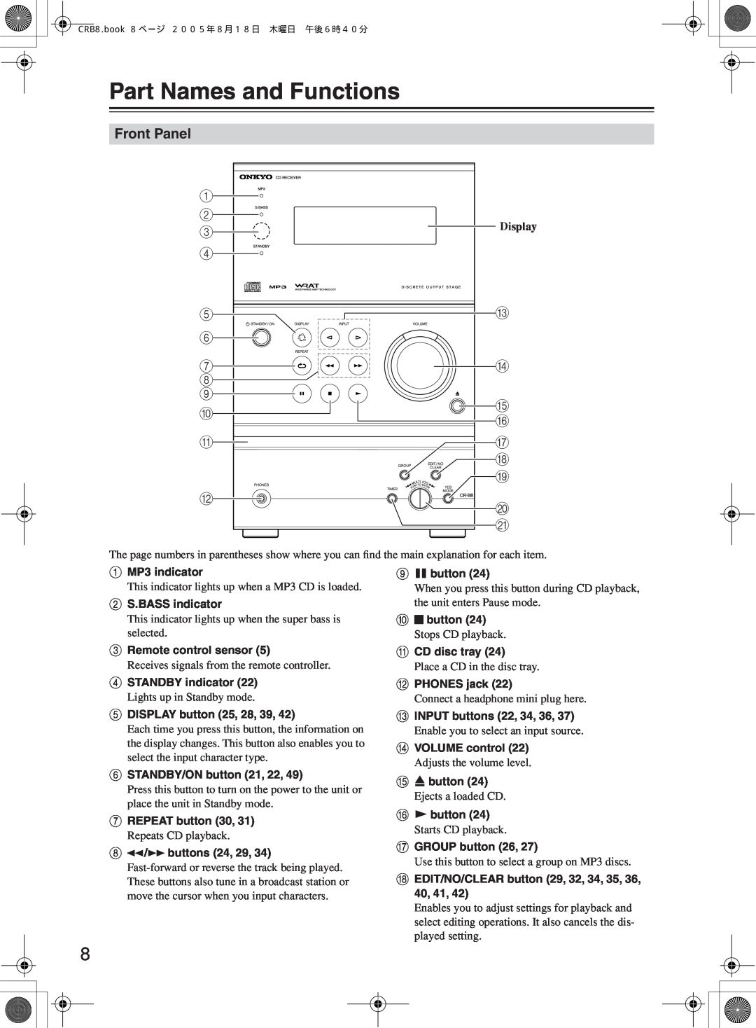 Onkyo CR-B8 instruction manual Part Names and Functions, Front Panel 