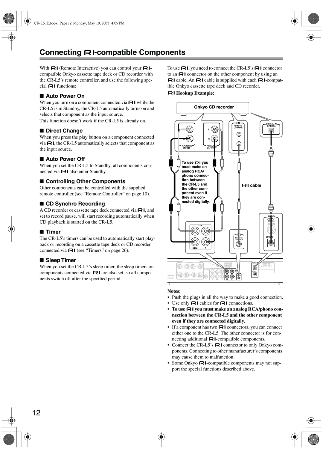 Onkyo CR-L5 instruction manual Connecting -compatible Components, Hookup Example, Onkyo CD recorder 