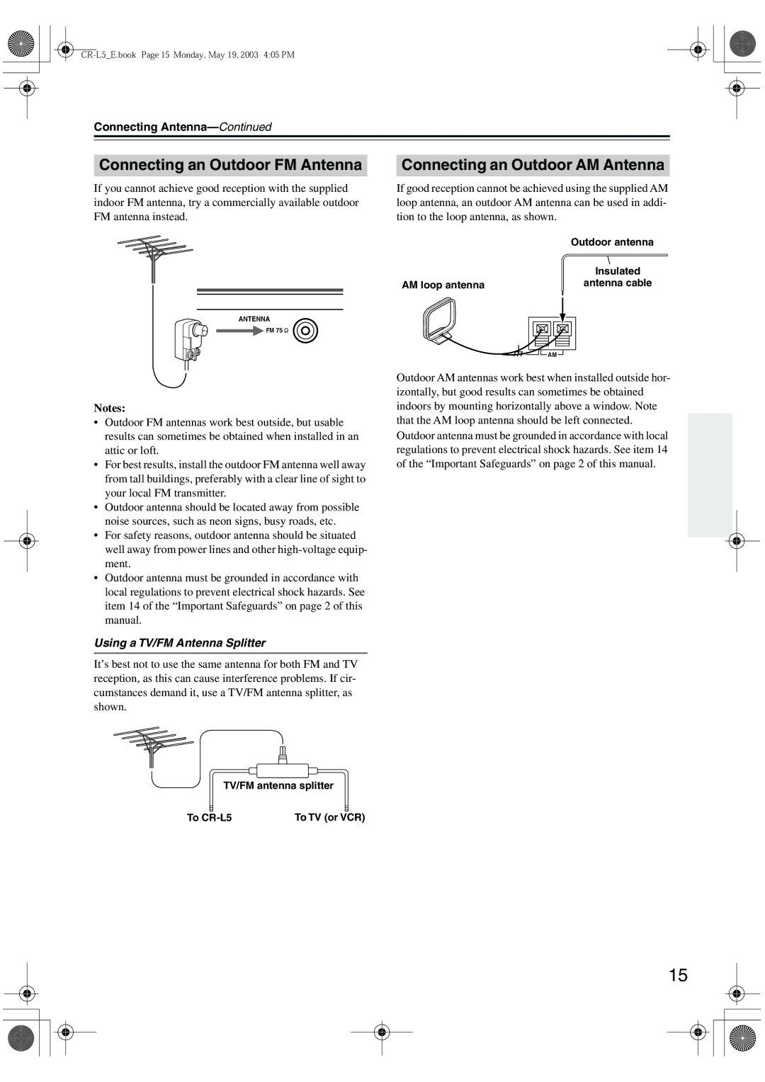 Onkyo CR-L5 Connecting an Outdoor FM Antenna, Connecting an Outdoor AM Antenna, Connecting Antenna, AM loop antenna 