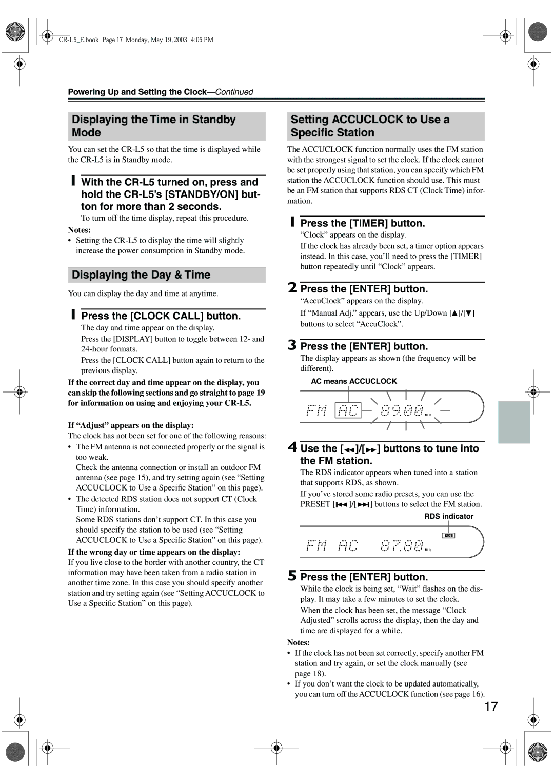 Onkyo CR-L5 Displaying the Time in Standby Mode, Displaying the Day & Time, Setting Accuclock to Use a Speciﬁc Station 