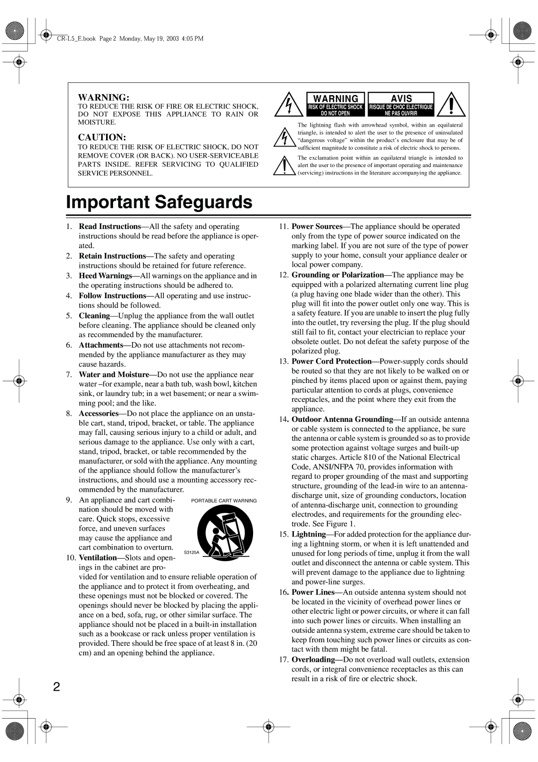 Onkyo CR-L5 instruction manual Important Safeguards 