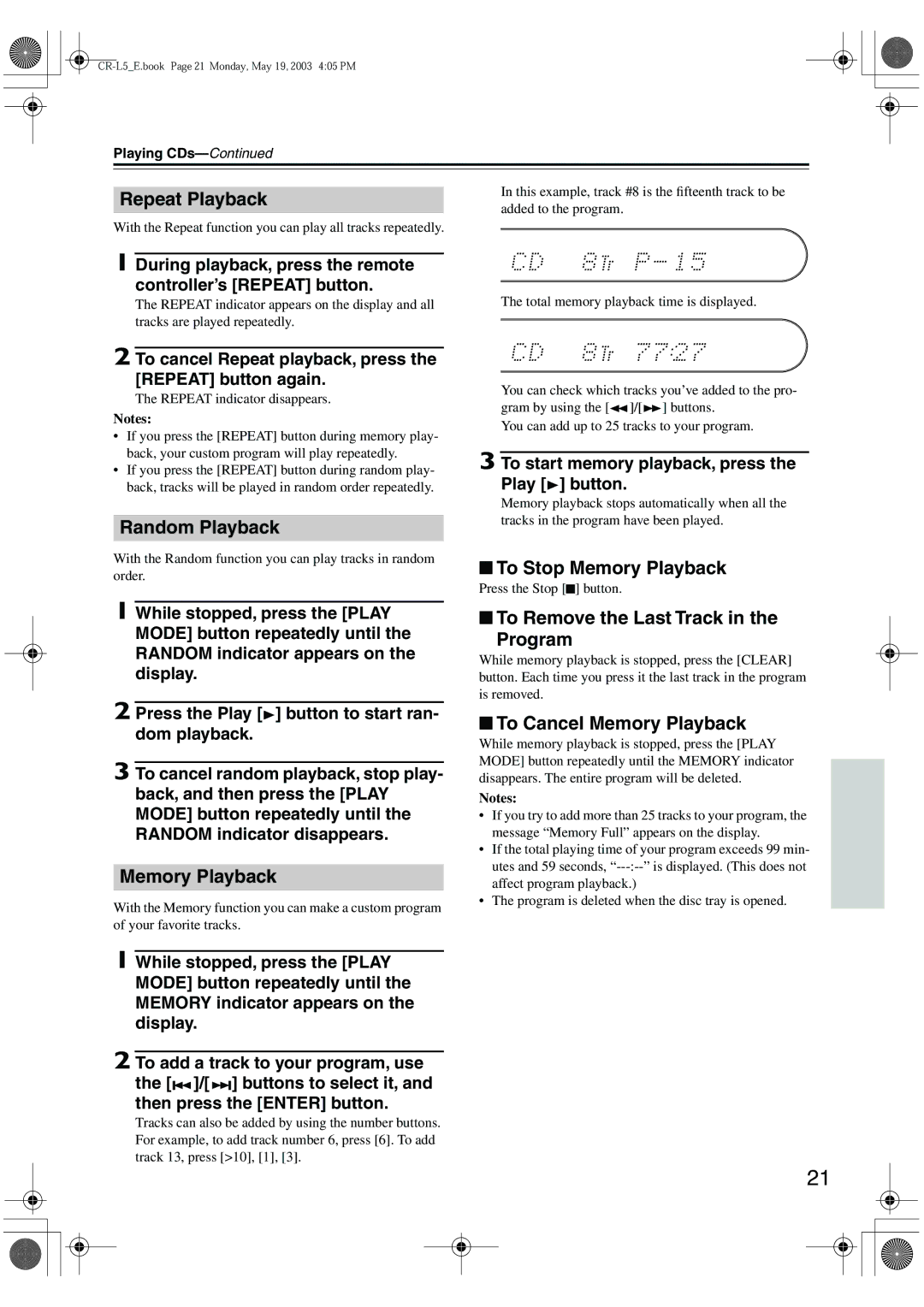 Onkyo CR-L5 instruction manual Repeat Playback, Random Playback, To Stop Memory Playback, To Remove the Last Track Program 