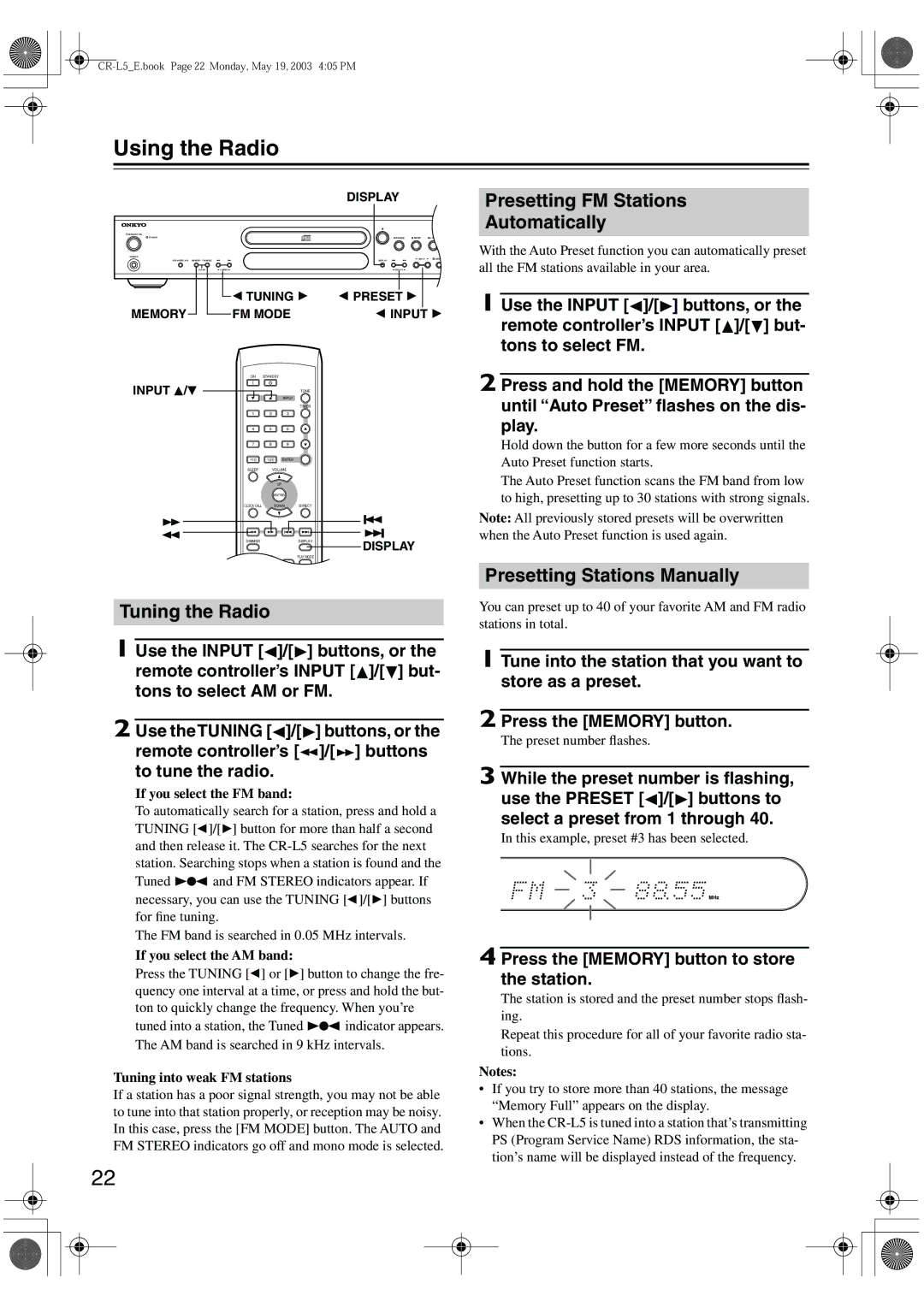 Onkyo CR-L5 Using the Radio, Presetting FM Stations, Automatically, Presetting Stations Manually, Tuning the Radio 