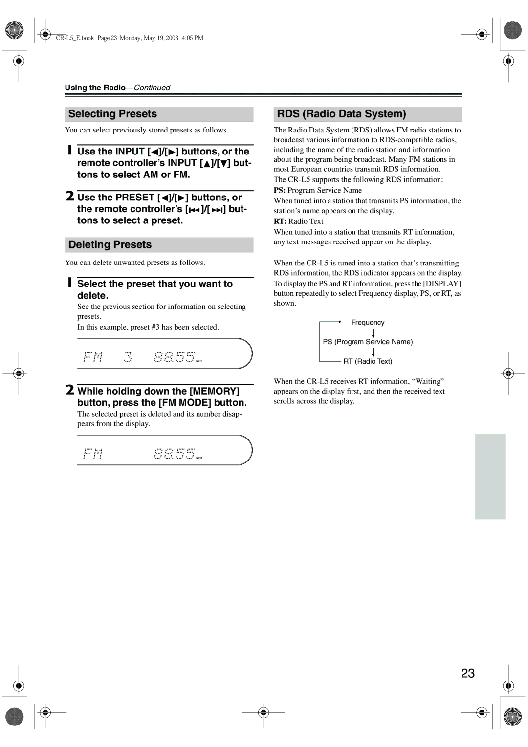 Onkyo CR-L5 instruction manual Selecting Presets, Deleting Presets, RDS Radio Data System, Tons to select a preset 