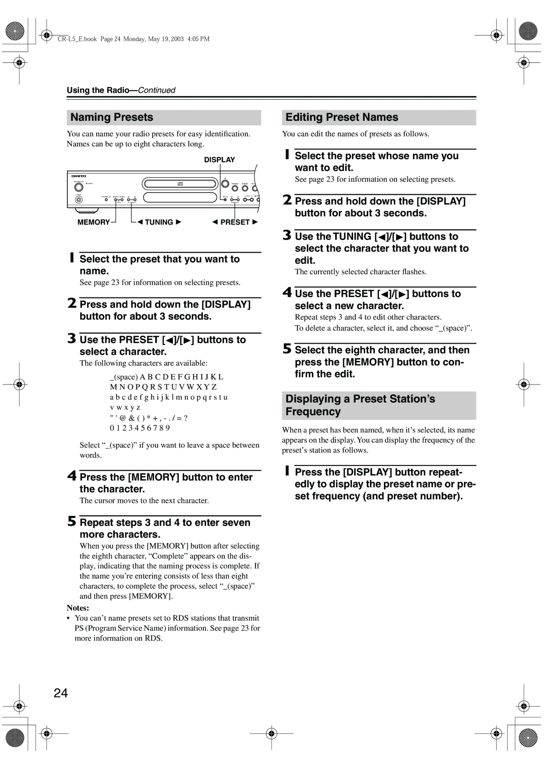 Onkyo CR-L5 instruction manual Naming Presets Editing Preset Names, Displaying a Preset Station’s Frequency 