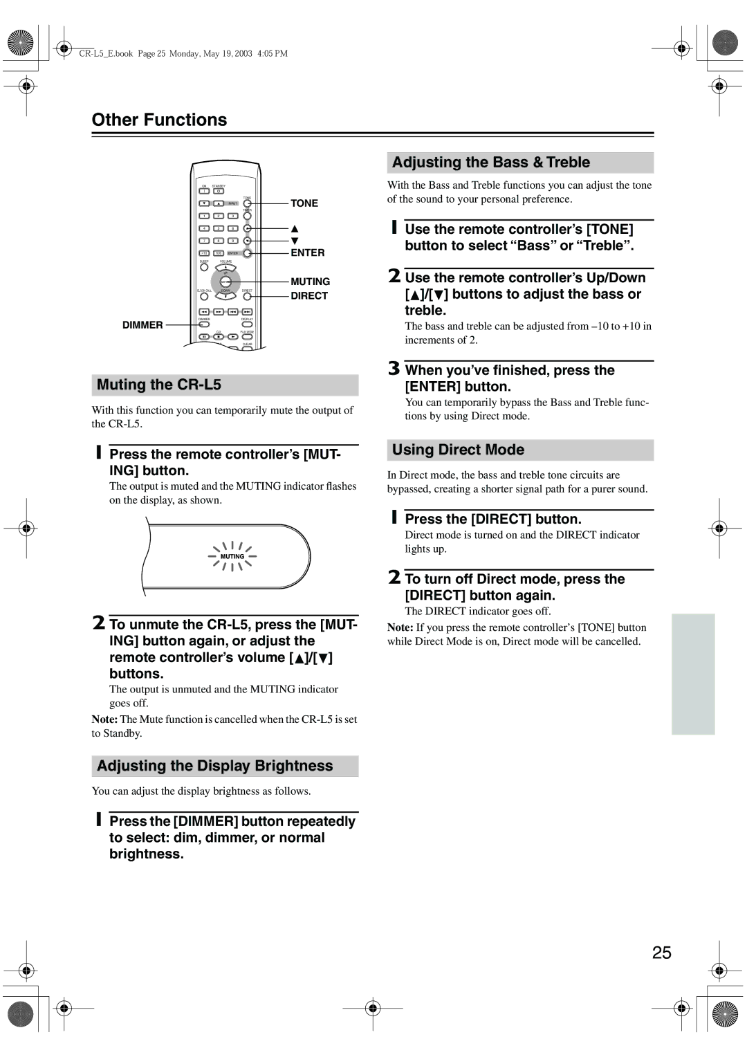 Onkyo Other Functions, Adjusting the Bass & Treble, Muting the CR-L5, Adjusting the Display Brightness 
