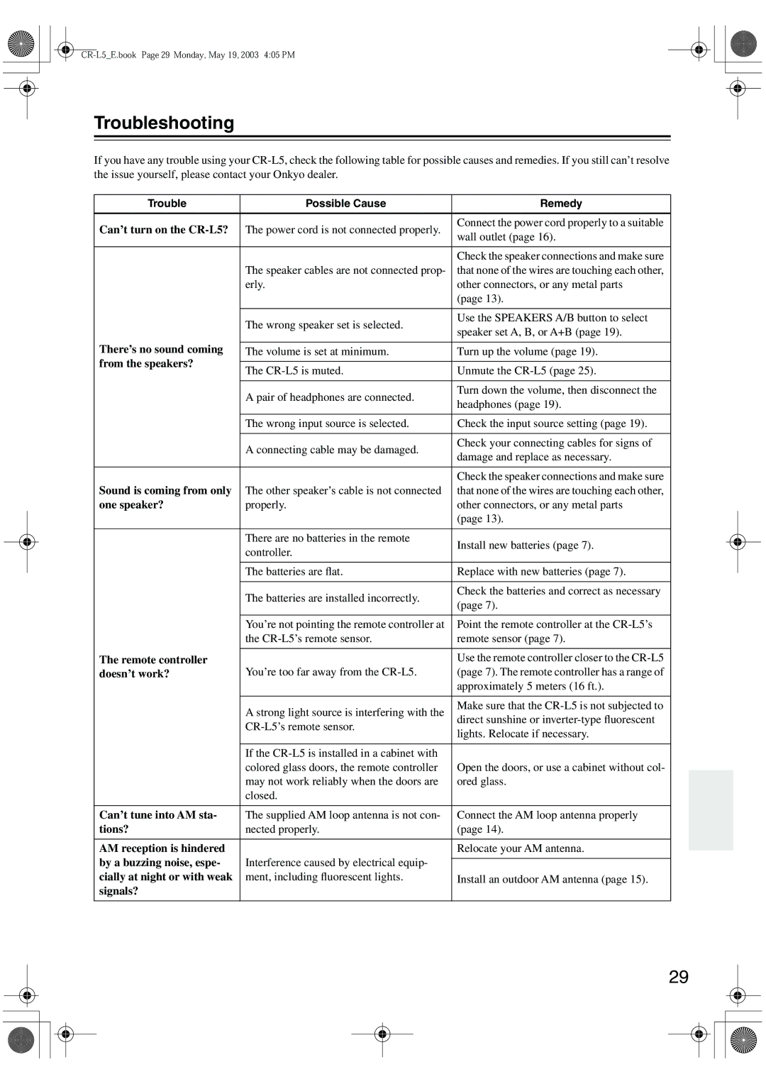 Onkyo CR-L5 instruction manual Troubleshooting 