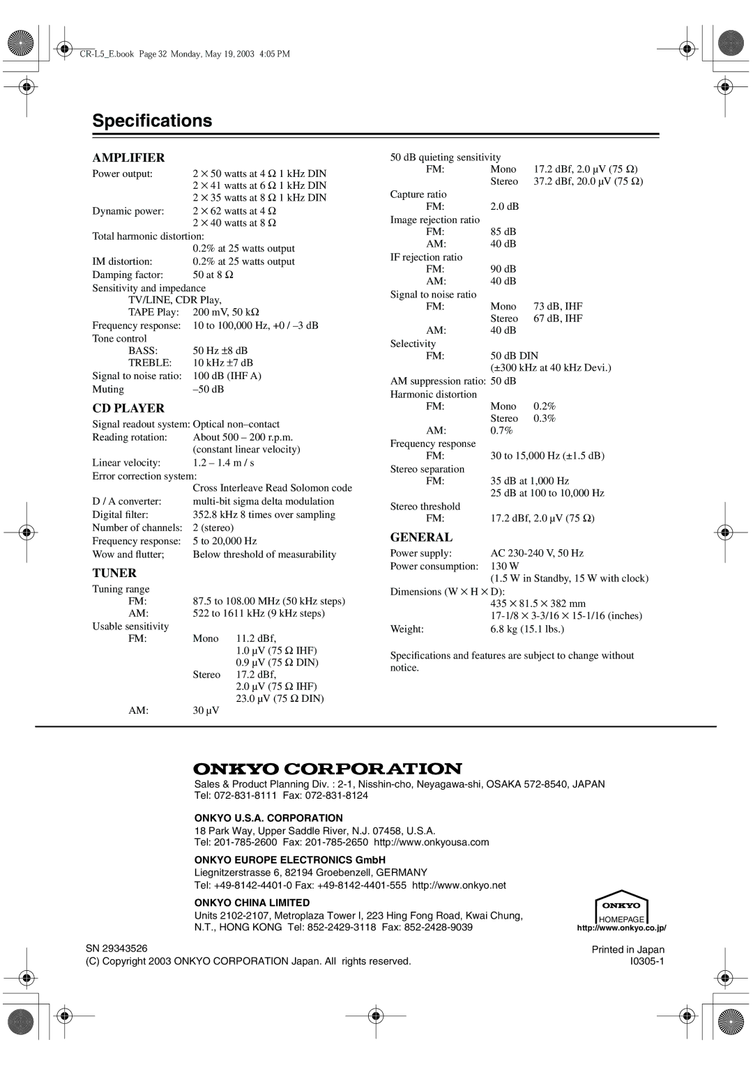 Onkyo CR-L5 instruction manual Speciﬁcations, Onkyo Europe Electronics GmbH 