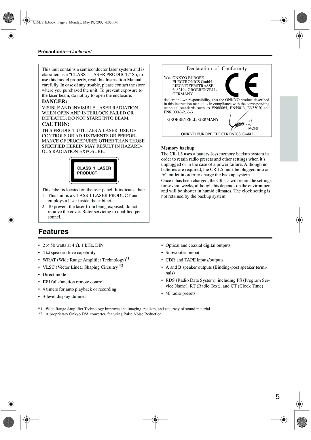 Onkyo CR-L5 instruction manual Features, Precautions, Memory backup 