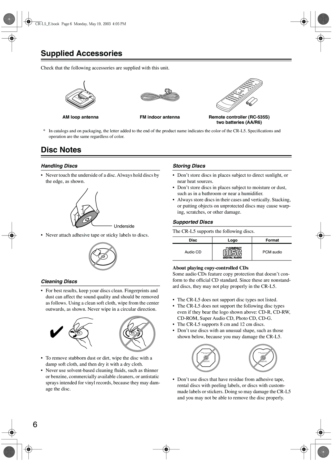 Onkyo CR-L5 Supplied Accessories, Disc Notes, About playing copy-controlled CDs, AM loop antenna FM indoor antenna 