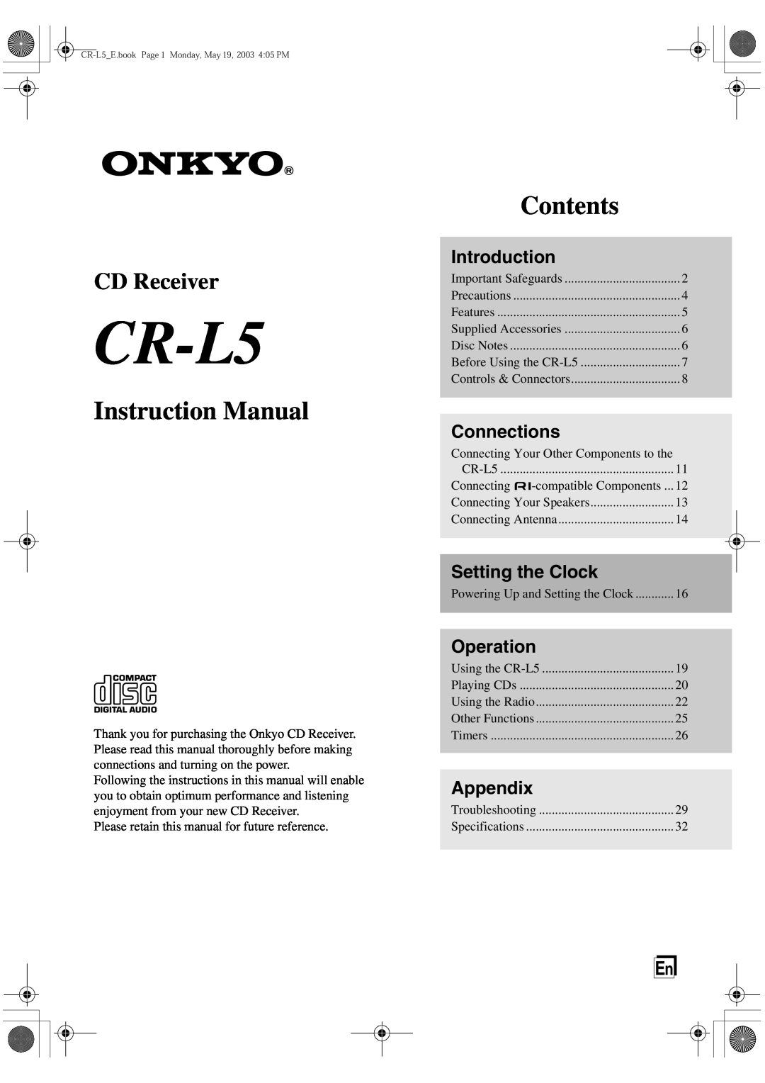 Onkyo CR-L5 instruction manual Introduction, Connections, Setting the Clock, Operation, Appendix, Contents, CD Receiver 
