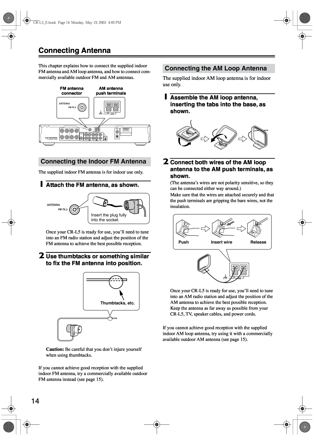 Onkyo CR-L5 instruction manual Connecting Antenna, Connecting the AM Loop Antenna, Connecting the Indoor FM Antenna 