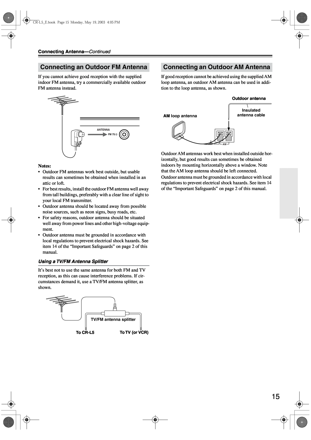 Onkyo CR-L5 Connecting an Outdoor FM Antenna, Connecting an Outdoor AM Antenna, Connecting Antenna-Continued 