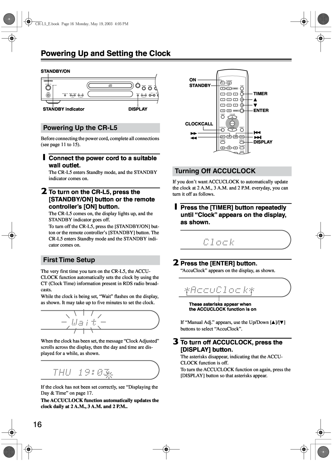 Onkyo Powering Up and Setting the Clock, Powering Up the CR-L5, Turning Off ACCUCLOCK, First Time Setup 