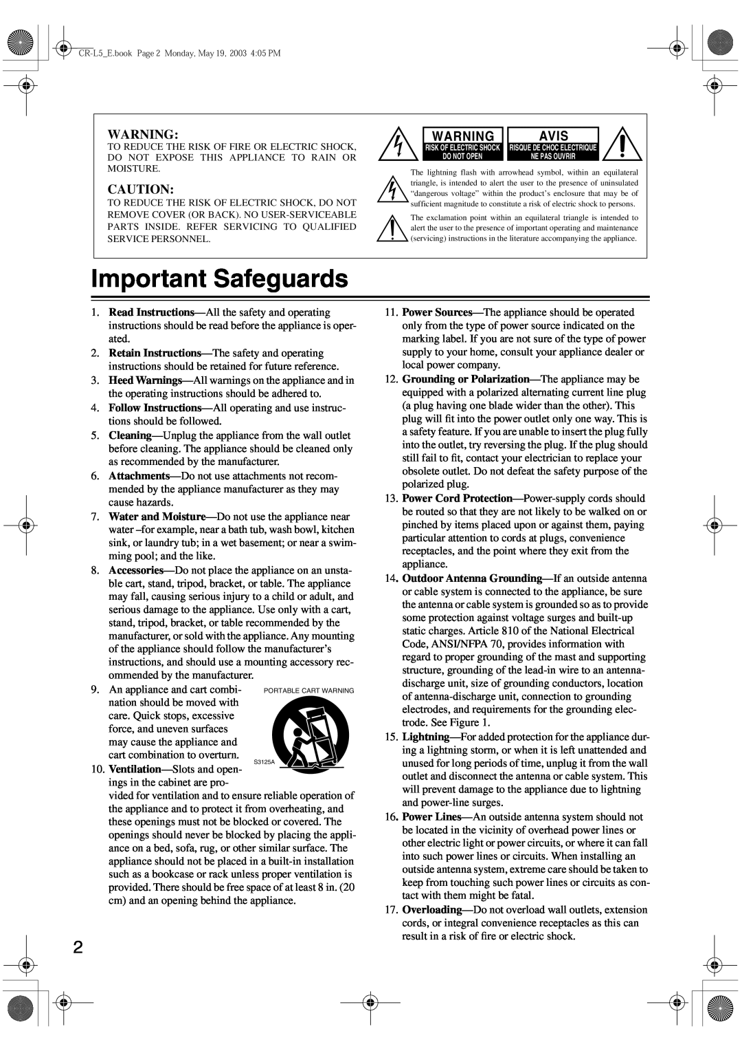Onkyo CR-L5 instruction manual Important Safeguards, Avis 